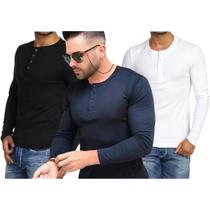 KIT COM 3 Camisetas Henley J Silver Slim Fit Manga Longa 4 Botões