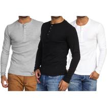 KIT COM 3 Camisetas Henley J Silver Slim Fit Manga Longa 4 Botões KIT COM 3 Camisetas Henley J Silver Slim Fit Manga Longa 4 Botões