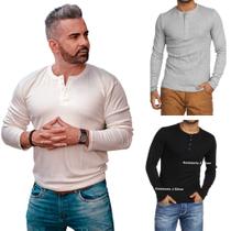 KIT COM 3 Camisetas Henley J Silver Slim Fit Manga Longa 4 Botões