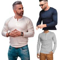 KIT COM 3 Camisetas Henley J Silver Slim Fit Manga Longa 4 Botões