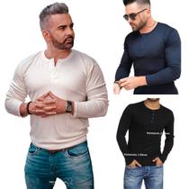 KIT COM 3 Camisetas Henley J Silver Slim Fit Manga Longa 4 Botões