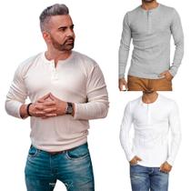 KIT COM 3 Camisetas Henley J Silver Slim Fit Manga Longa 4 Botões