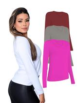 Kit Com 3 Camisetas Manga Longa Feminina Colorida