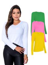 Kit Com 3 Camisetas Manga Longa Feminina Colorida Kit Com 3 Camisetas Manga Longa Feminina Colorida