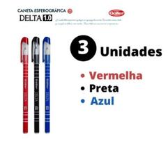 Kit com 3 Canetas Esferográfica Delta 1.0mm Azul + Vermelho + Preto