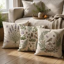 Kit com 3 Capas de Almofada Decorativas 43x43 Botânicas Bella Dimora Capa para Almofada em Poliéster com Zíper Invisível