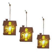 Kit com 3 Casinhas Natalinas de Madeira com Luz Led 11,7x10,5x3cm