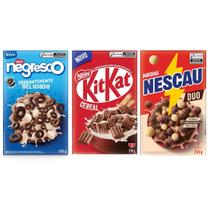 Kit com 3 Cereais Matinais: Negresco + Kit Kat + Nescau Duo
