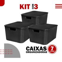 Kit Com 3 Cesto Caixa Organizadora Rattan 7L C/ Tampa Preto