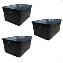 Kit Com 3 - Cesto Caixa Organizadora Rattan Com Tampa - 7 Litros - Preto