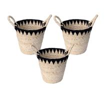 Kit Com 3 Cestos De Fibra Natural E Algodão Com Alça 30X28Cm Preto