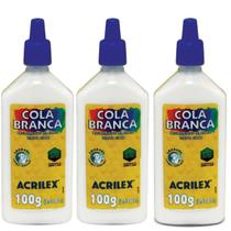 Kit com 3 Cola Acrilex Liquida 100g Branca Lavável não Toxíca