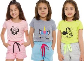 Kit Com 3 conjunto Menina Infantil juvenil shortinho + camisa