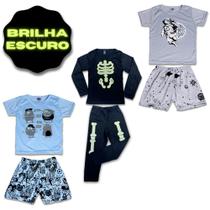 Kit Com 3 Conjuntos de Pijamas Infantil/Juvenil Menino 100% Poliéster atacado Brilha no Escuro