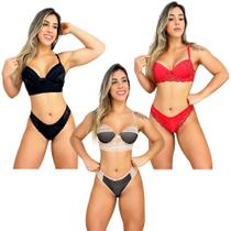 Kit com 3 Conjuntos Lingerie Calcinha e Sutiã com Bojo Renda Sexy Atacado Cores Variadas Sortidas