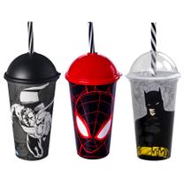 Kit com 3 Copo Shake com Canudo Infantil Spider Man SuperMan e Batman