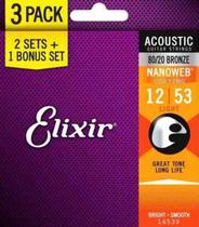 Kit Com 3 Encordoamentos Elixir Violão Aço 012 80/20 - 16539