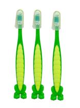 Kit com 3 Escova Dental Infantil Dino com Cerdas Macias Limpador de Língua e Bochechas + Protetor de Cerdas