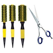 Kit com 3 escovas de ceramica amarela p m g + tesoura fio laser 5.5 marco boni Kit com 3 escovas de ceramica amarela p m g + tesoura fio laser 5.5 marco boni