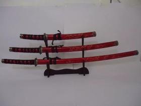 Kit com 3 Espadas Katana Samurai Ninja Ornamento em Aço