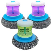 kit com 3 Esponja Escova Malha de Aço Ariar Panelas Louças com Dispenser Porta Detergente