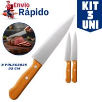 Kit Com 3 Facas de Cozinha Com Cabo de Madeira Lâmina Afiada Inox 8 Polegadas