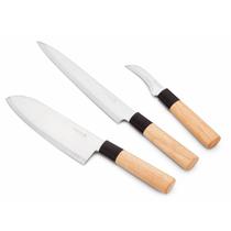 KIT com 3 Facas Japonesas Inox Cabo de Madeira Sushi Sashimi