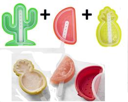 Kit com 3 Formas de Plástico Divertidas e com Formato de Frutas e Cactos para Fazer Picolé Caseiro