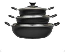 Kit Com 3 Frigideiras Panelas Wok Antiaderentes Com Tampa Kit Com 3 Frigideiras Panelas Wok Antiaderentes Com Tampa