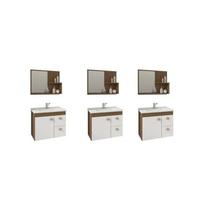 Kit com 3 Gabinetes Suspensos com Cuba e Espelheira Isa Marrom/Amêndoa/Branco