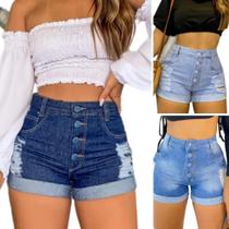 Kit Com 3 Hot Pants Jeans Femininos Destroeyd Barra Dobrada