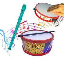 Kit Com 3 Instrumentos Musicais Para Crianças Pandeiro Flauta e Tamborzinho Brinquedo Infantil Tambor Colorido