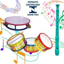 Kit Com 3 Instrumentos Musicais Para Crianças Pandeiro Flauta e Tamborzinho Brinquedo Infantil Tambor Colorido