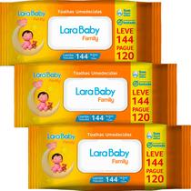 Kit com 3 Lenços Umedecidos Lara Baby Family Leve 144 Pague 120 Total 432