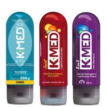 Kit com 3 lubrificantes Kmed Hot, Ice e Neutro 2 em 1 200 ml cada.