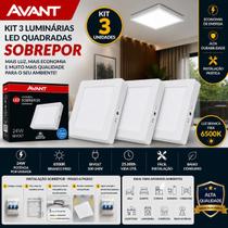 kit com 3 Luminária LED Quadrada Sobrepor 24W 6500K Luz Branca Fria Bivolt Avant