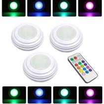 Kit Com 3 Luminárias Lâmpadas Redondas Adesivas A Pilhas RGB Coloridas Multicolor Led Spots Sem Fio Com Controle Remoto - XT
