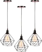 Kit Com 3 Luminárias Pendente Tipo Diamante Aço Modelo Teto Preto