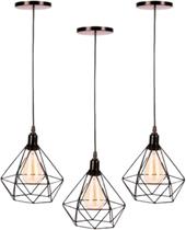 Kit Com 3 Luminárias Pendente Tipo Diamante Aço Modelo Teto (Preto) Kit Com 3 Luminárias Pendente Tipo Diamante Aço Modelo Teto (Preto)