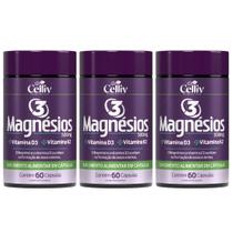 Kit Com 3 Magnésio Malato Triplo Malato, Quelato e Cloreto de Magnésio P.A 60 Caps Celliv