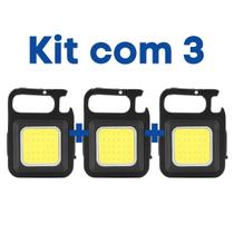 Kit Com 3 Mini Lanterna Chaveiro De Led COB Recarregável USB com Mosquetão e Abridor de Garrafas