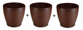 Kit com 3 Mini Vasos Redondo de Plástico Decorado com Rattan e na Cor Coffe 700 ML 11x11 cm Ø