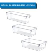 Kit com 3 Organizadores Multiuso com Tampa P/M/G Mood Acrílico Resistente Para Geladeira Dispensa Cozinha