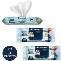 KIT com 3 Pacotes Toalhas umedecidas Lenços Adulto Prevent Wipes 50 unidades Geriátrica TOTAL 150 un