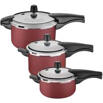 Kit com 3 Panelas de Pressão Tramontina Vancouver Vermelha 3 L 4,5 Lts e 6 Litros Kit com 3 Panelas de Pressão Tramontina Vancouver Vermelha 3 L 4,5 Lts e 6 Litros