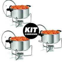 Kit com 3 Panelas Rechauds Redondo De Alumínio Com Tampa De Vidro 5 Litros