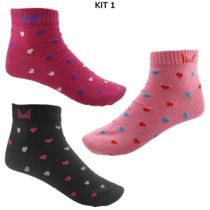 Kit com 3 Pares de Meia Cano Curto Feminina e Estampa de Coração Manhattan Tamanho 34 ao 39