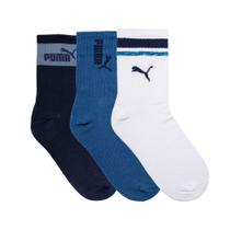 Kit com 3 Pares de Meias Infantil Puma Cano Longo Azul/Branco Kit com 3 Pares de Meias Infantil Puma Cano Longo Azul/Branco