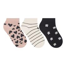 Kit com 3 Pares de Meias Infantis Selene Cano Curto Estampada Rosa/preto Kit com 3 Pares de Meias Infantis Selene Cano Curto Estampada Rosa/preto