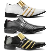 kit com 3 pares de sapato social masculino preto e estilo dourado